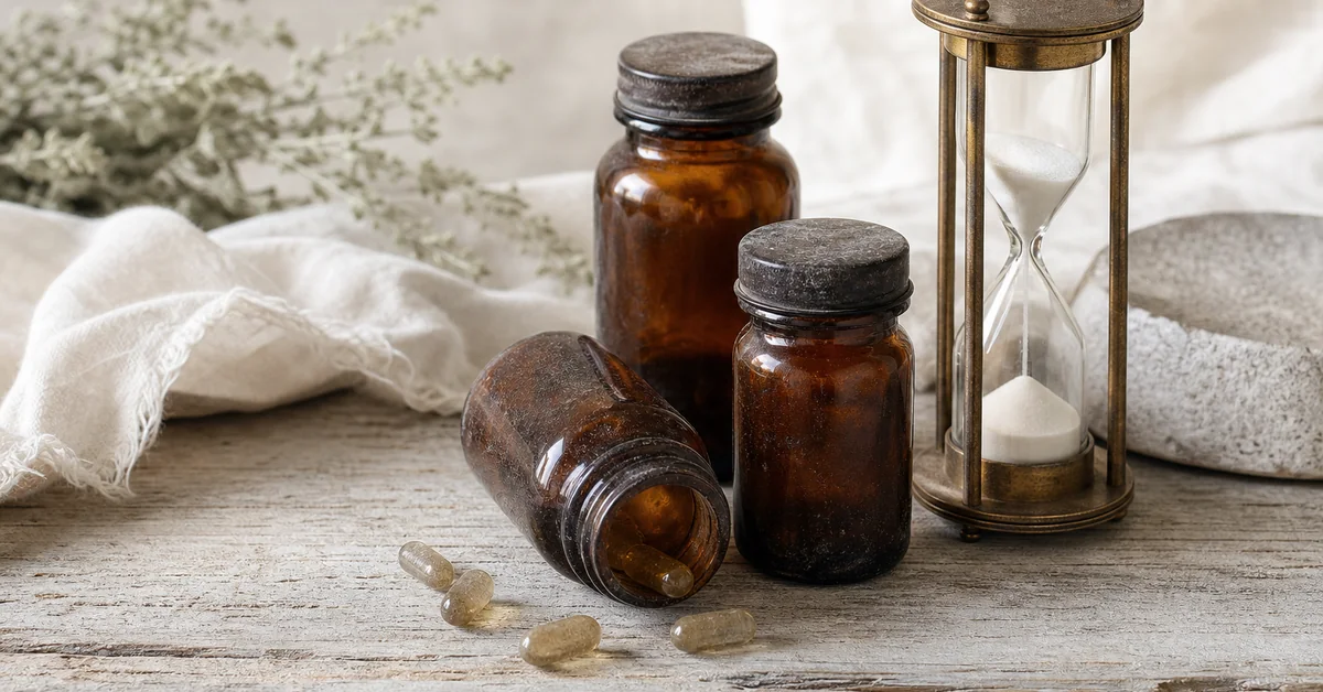 Vitaminpräparate und Kapseln neben einer Verpackung mit Verfallsdatum