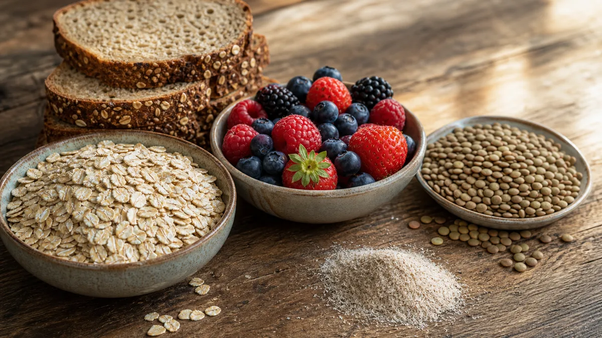 Ballaststoffreiche Lebensmittel wie Vollkornbrot, Linsen, Haferflocken, Äpfel und Nüsse auf einem Holztisch