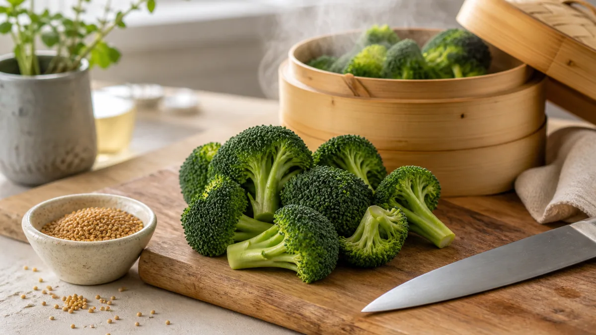 Frischer Broccoli auf einem Schneidebrett mit Messer