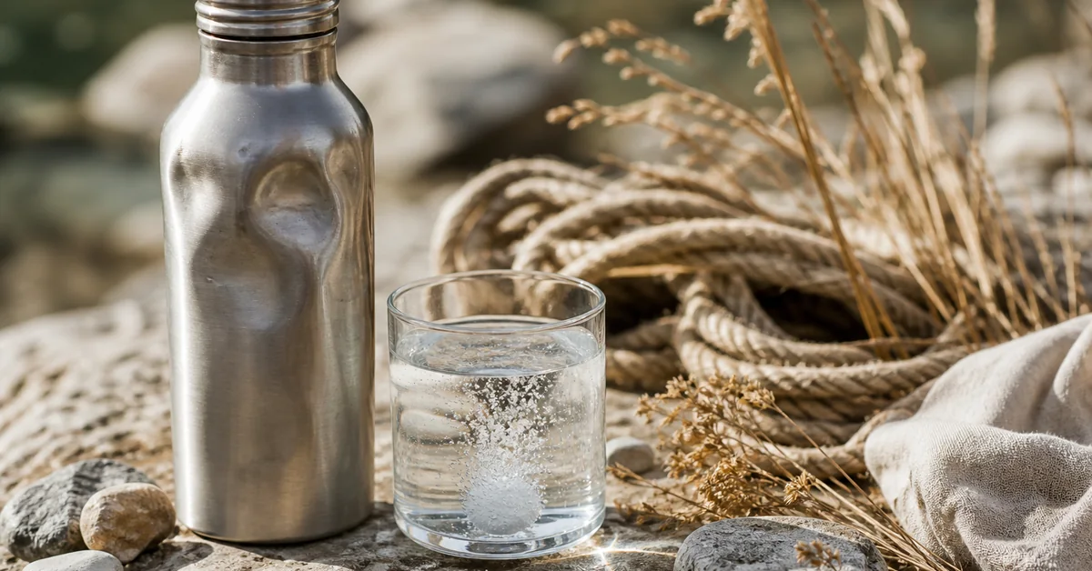 Wanderin trinkt an einem heissen Tag aus einer Trinkflasche in den Bergen
