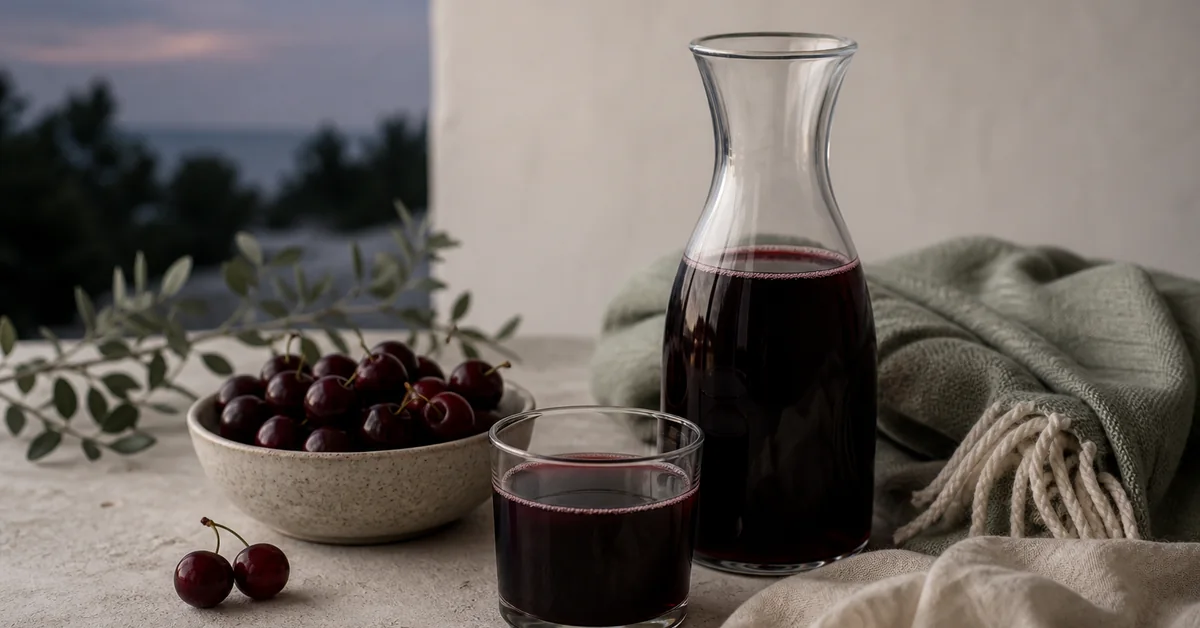 Ein Glas Sauerkirschsaft neben frischen Sauerkirschen