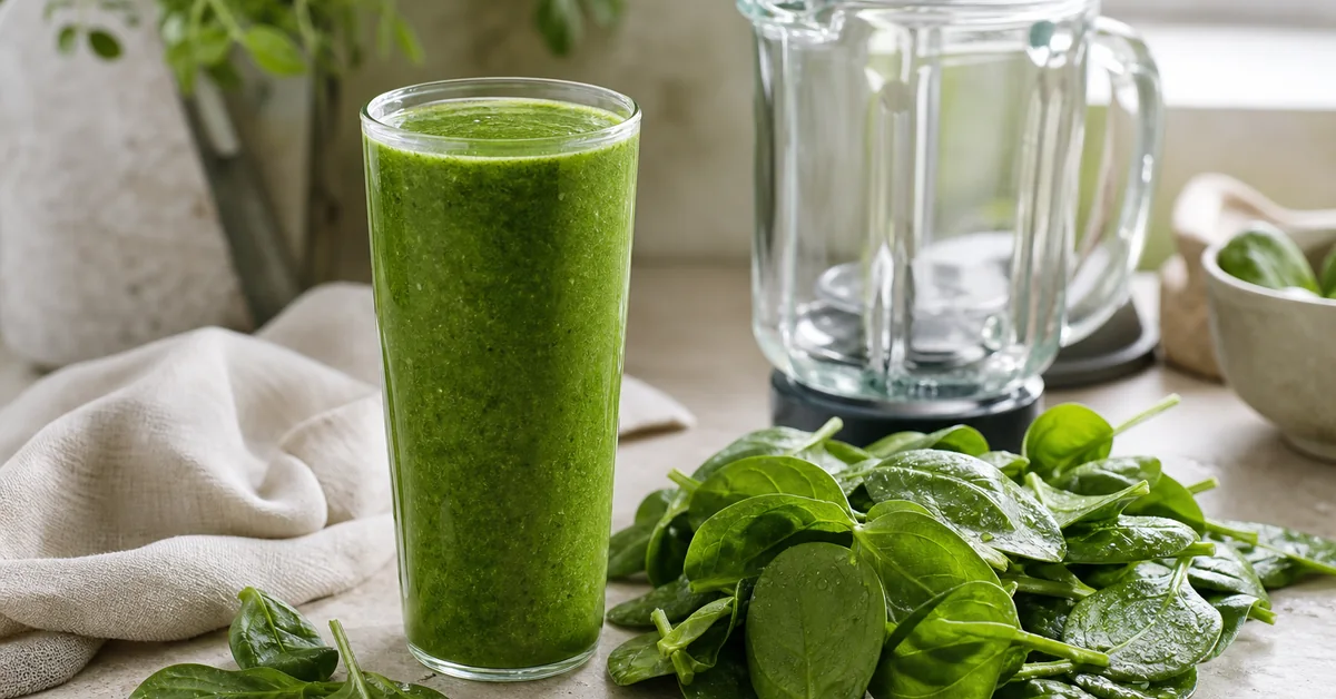 Grüner Spinat-Smoothie im Glas mit frischem Blattgemüse