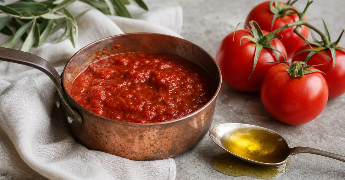 Frische und gekochte Tomaten mit Olivenöl auf einem Holzbrett