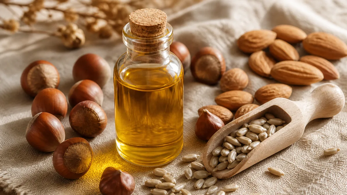 Pflanzenöle, Sonnenblumenkerne, Mandeln und Haselnüsse auf einem Holztisch als natürliche Vitamin-E-Quellen